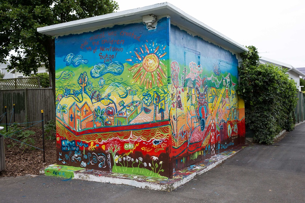 Mural of landscape scene on Carrara Park substation in Newtown.