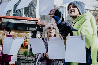 Lockdown Laundry in Wellington’s Cuba Mall where passers-by air and share their lockdown memories by pegging them to a clothesline.