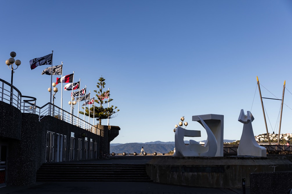 Matariki flags designed by Reuben Paterson, flying on the Wellington waterfront.