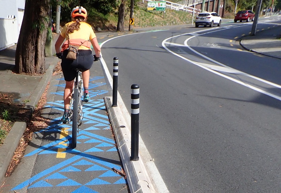 A person on a bike in the Aro Valley. One of the blue niho taniwha designs that marks Waimāpihi Awa can be seen on the uphill bike lane they are riding on.