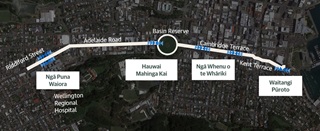 Aerial image showing the Newtown to waterfront bike route marked by a white line, the historical and cultural sites are highlighted in blue.