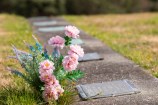 Flowers by a memorial plaque.