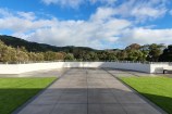 A large paved area with a view up the Wellington Skyline.