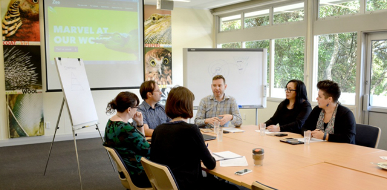 Six people sitting around a table with whiteboards in the background and a screen projector.