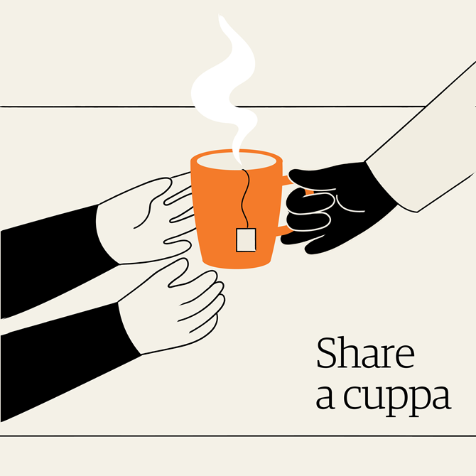 Person passing a hot cup of tea to another. Text: Share a cuppa