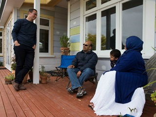 People talking on deck.