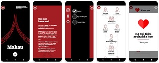 Screenshots of Mahau app, including Mahau welcome screens, app layout and an image saying Ka nui toku aroha ki a koe - I love you.