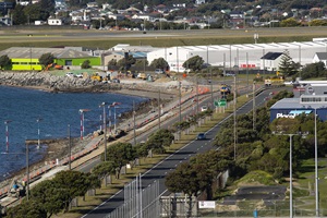 A high angle view of the footpath and cycle path construction along the seaward side of Cobham Drive.