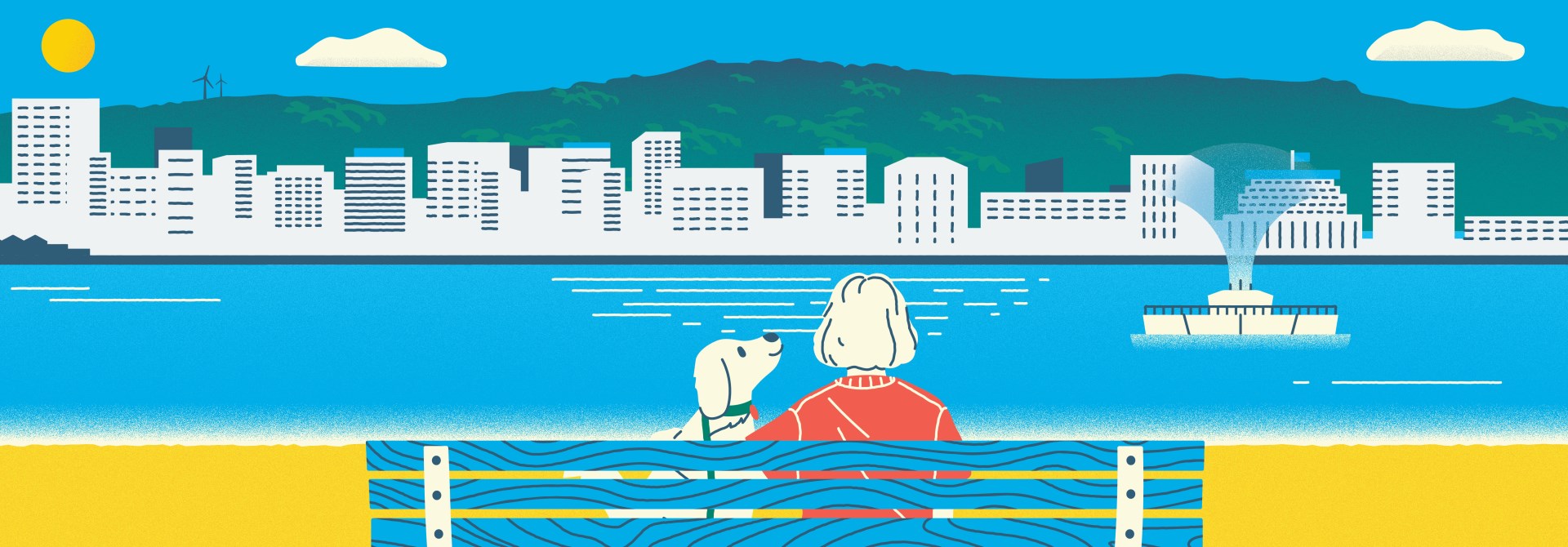 Woman and dog sitting at a bench at Oriental Bay.