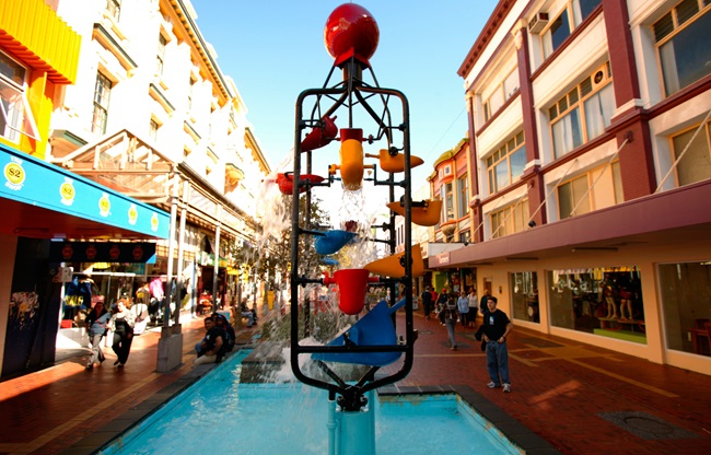 A shot of Wellington's iconic bucket fountain, on Cuba St, on a sunny day.