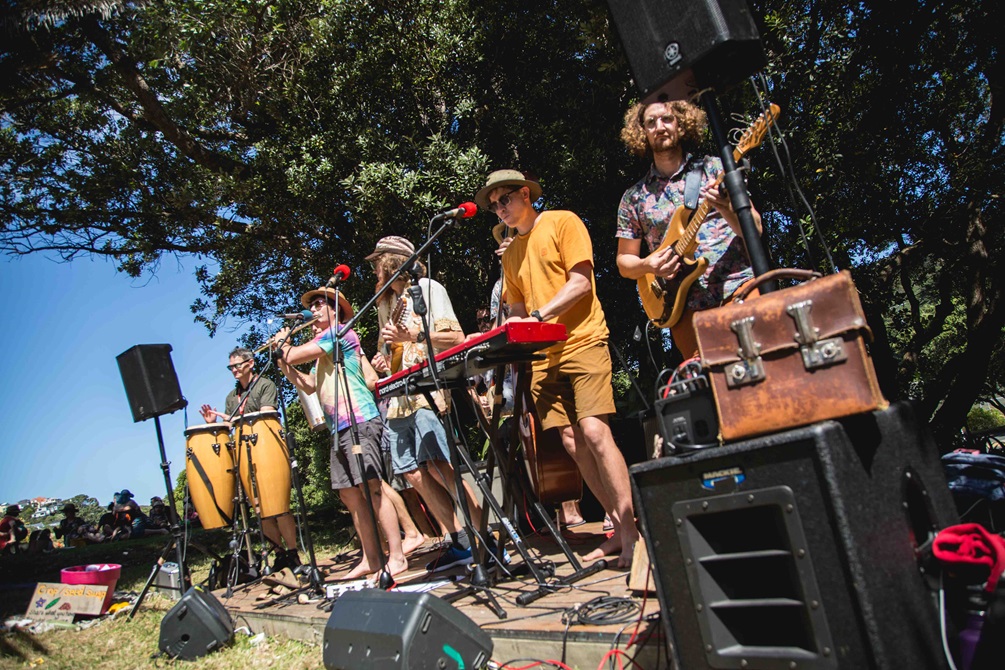 A line-up of musicians, including on keyboard, bongo drums, and guitar, performing outside next to trees with blue sky beyond.