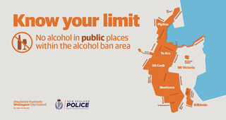 Orange map of Wellington alcohol ban areas with Wellington City Council and New Zealand Police logos. 