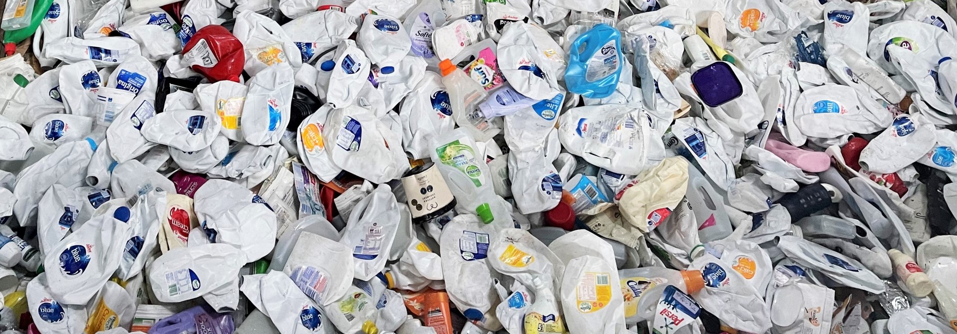 A photo of a big pile of milk bottles at a recycling plant.