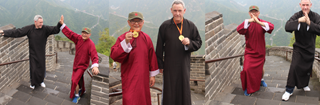 A montage of two men, one in red costume, the other in black, posing three times on the Great Wall of China.