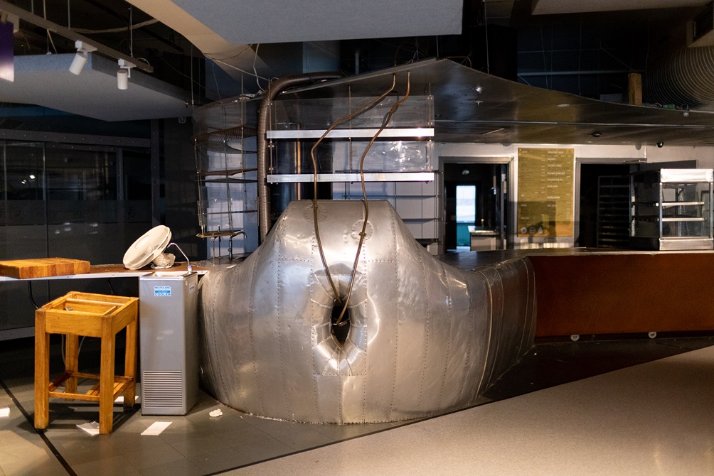 The sculptural metal shape at the front of the Clarks cafe inside the closed Central Library.