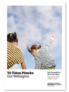 The cover of the Summer Our Wellington magazine which has two children wearing striped tops with a blue sky behind them.