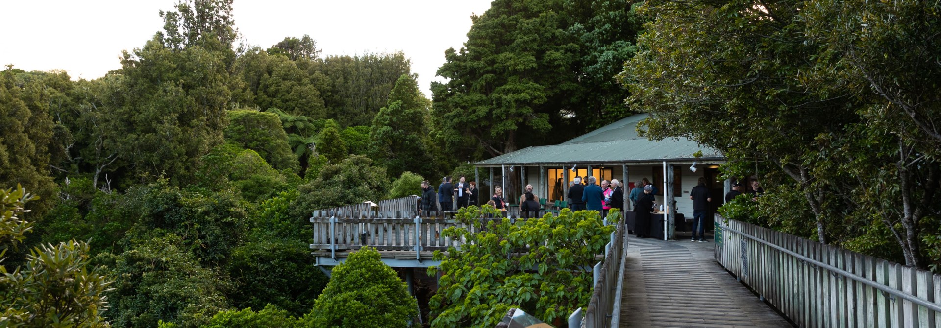 A long boardwalk leading to a building, lit from the inside and surrounded in people, set in the canopy of native bush.