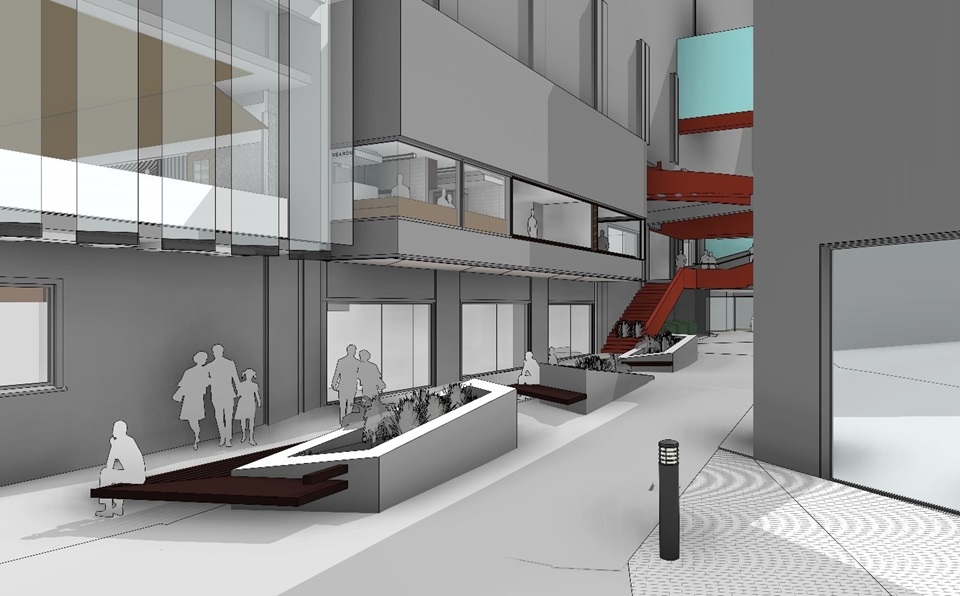 Artist impression of the new Farmers Lane, showing a large concrete area, seating and planting boxes.