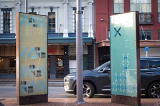 Tanya Te Miringa Te Rorarangi Ruka at the blessing of her Courtenay Place light boxes exhibition Whakapapa Te Pō Te Ao