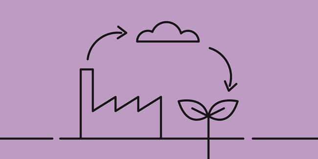 Animates image showing houses, clouds and plants.