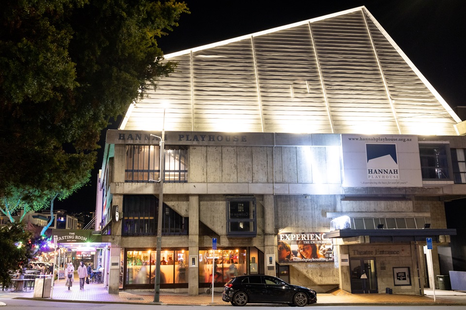 Evening view of Hannah Playhouse on corner of Courtenay Place