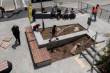 A child walks along concrete separating two planted areas in the Karori town centre.