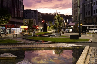 Te Aro Park lit up pink at dawn.