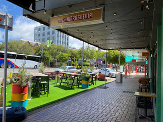 Parklet outside of a restaurant. 