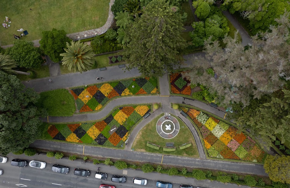 Drone footage shot of summer patchwork display at Wellington Botanic Garden.