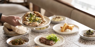 Small plates of food on a table.