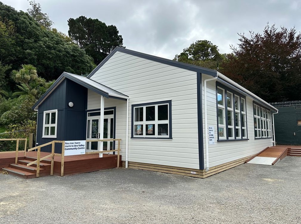 Upgraded Aro Valley Community Centre frontage with accessible ramps at front and on side.