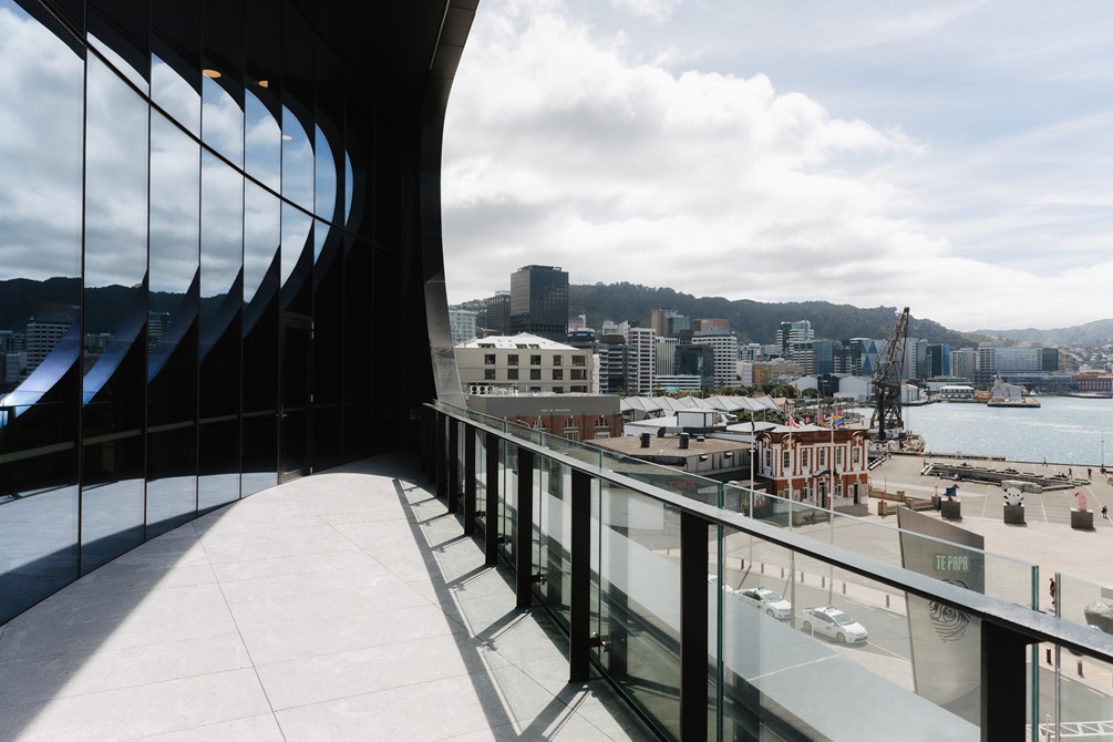 Tākina balcony with mirrored with view of harbour