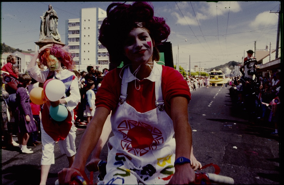 Performers in costume during James Smith Christmas Parade circa 1987