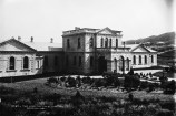 Entrance to Newtown Hospital in 1885 with gardens and fountain in foreground.