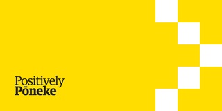 Black writing on a yellow background that reads 'Positively Pōneke'.