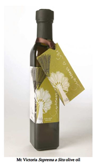 Mount Victoria olive oil in a bottle.