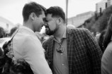 Two men greeting each other with a hongi.