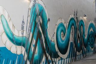 Painted reeds as part of a mural.