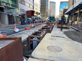 Road works down a street.