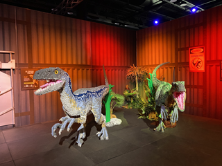 Lego exhibition with two dinosaurs made up of lego infront of a red curtain.