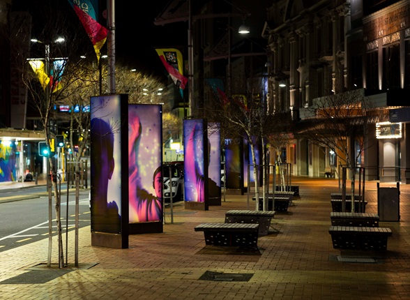 Courtenay Place light box exhibition Kura Huna.