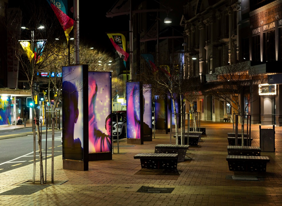 Courtenay Place light box exhibition Kura Huna.
