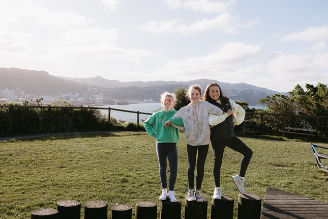 Three girls standing on equipment at a playground.