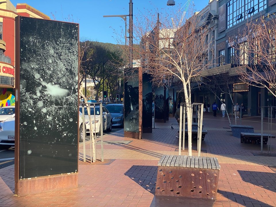 Landscape of Courtenay Place Lightbox Exhibition with St James in the background