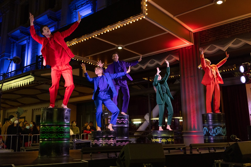 Footnote Dance group perform in front of St James theatre as part of reopening event