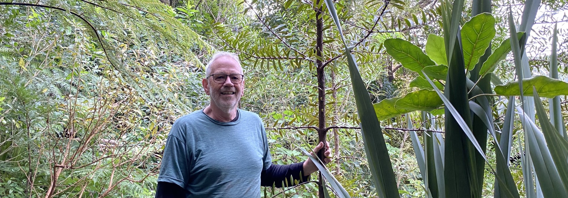 Man wearing a green tshirt standing in native bush.