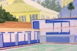 An unfinished watercolour painting of an outdoor pool surrounded by city buildings and hills.