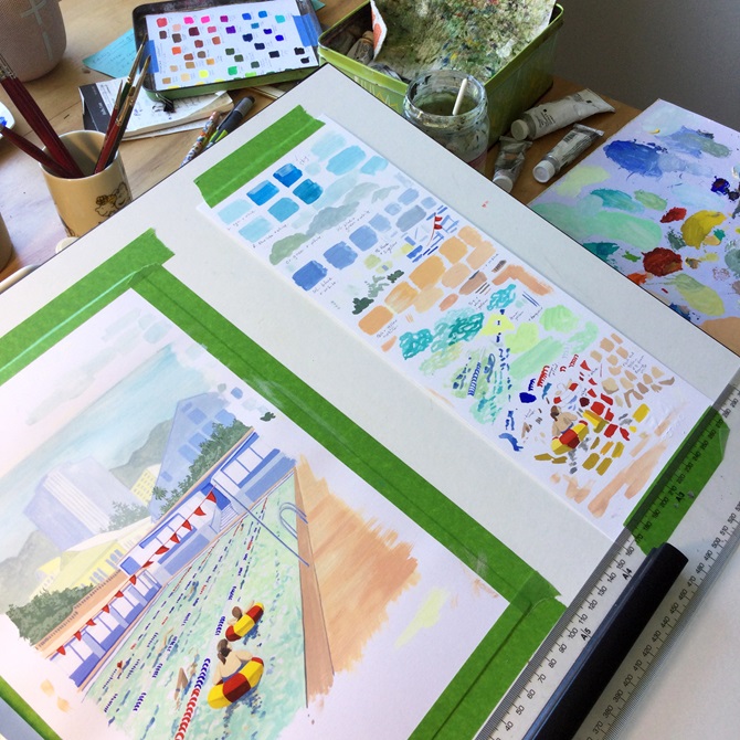 A watercolour painting of an outdoor pool on a desk, with colour swatches on the right and jars of paintbrushes and pencils.