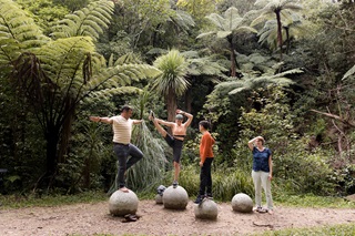 Four people standing on four boulders on a track in the middle of a forest.
