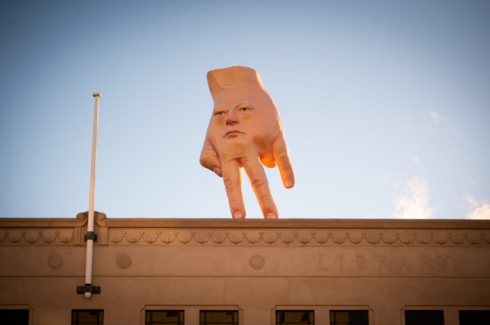 Quasi by Ronnie van Hout on the roof of City Gallery Wellington Te Whare Toi.